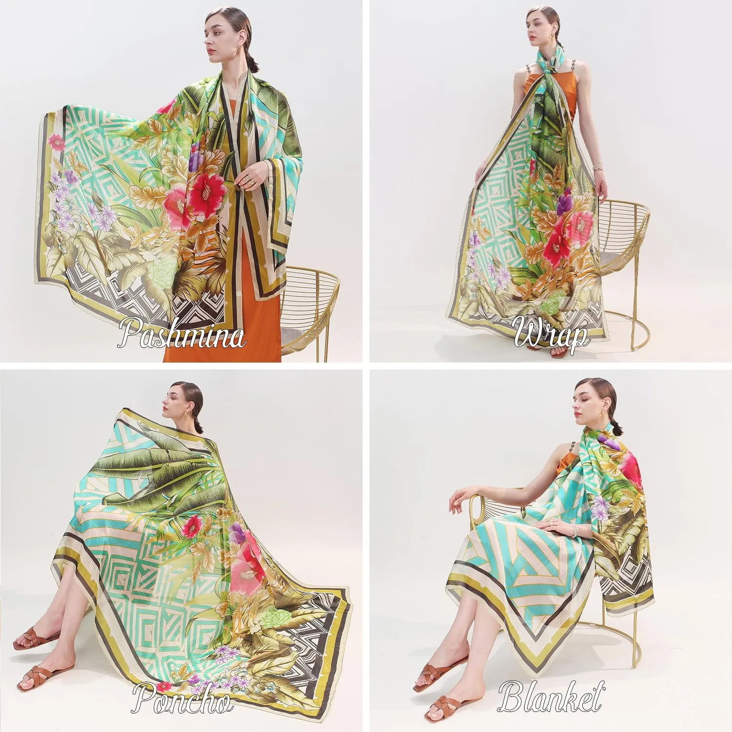 DANA XU Women's 100% Mulberry Satin Silk Pashmina Shawl Wraps Extra Large Floral Scarf for Evening Dresses, Soft Oversized