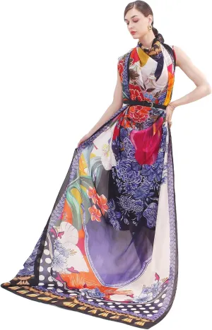 DANA XU Women's 100% Mulberry Satin Silk Pashmina Shawl Wraps Extra Large Floral Scarf for Evening Dresses, Soft Oversized
