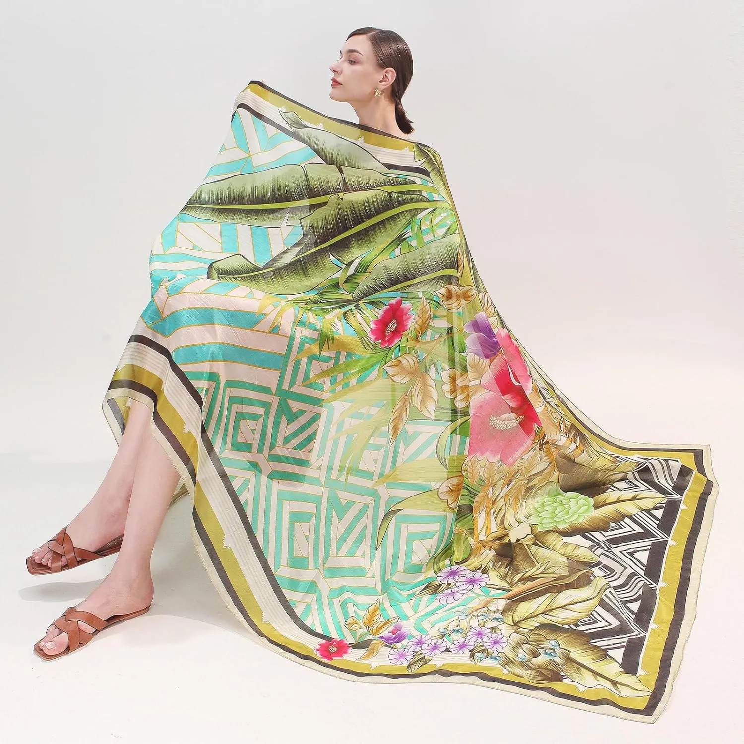 DANA XU Women's 100% Mulberry Satin Silk Pashmina Shawl Wraps Extra Large Floral Scarf for Evening Dresses, Soft Oversized