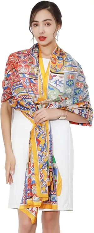 DANA XU Women's 100% Mulberry Satin Silk Pashmina Shawl Wraps Extra Large Floral Scarf for Evening Dresses, Soft Oversized
