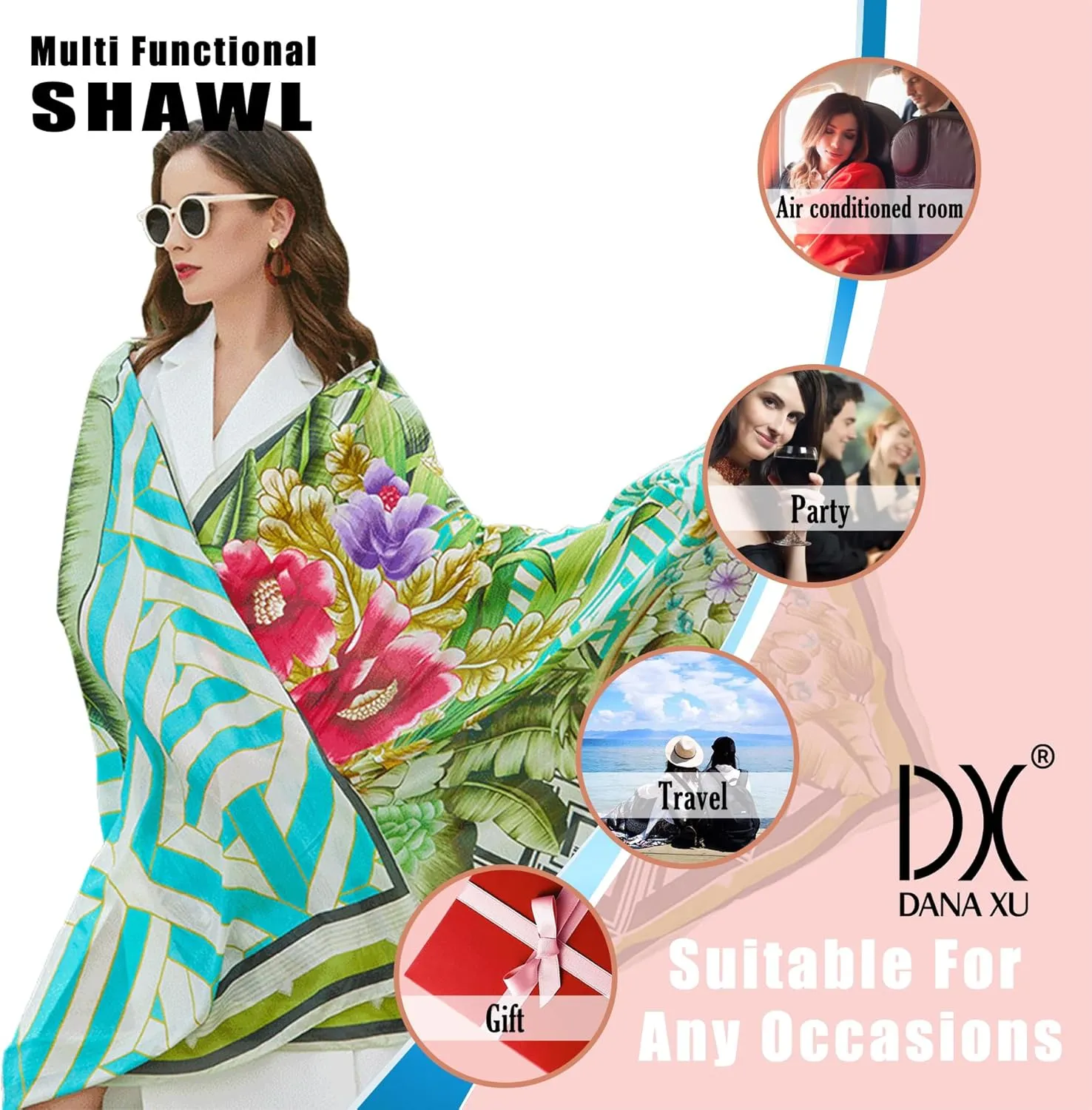 DANA XU Women's 100% Mulberry Satin Silk Pashmina Shawl Wraps Extra Large Floral Scarf for Evening Dresses, Soft Oversized