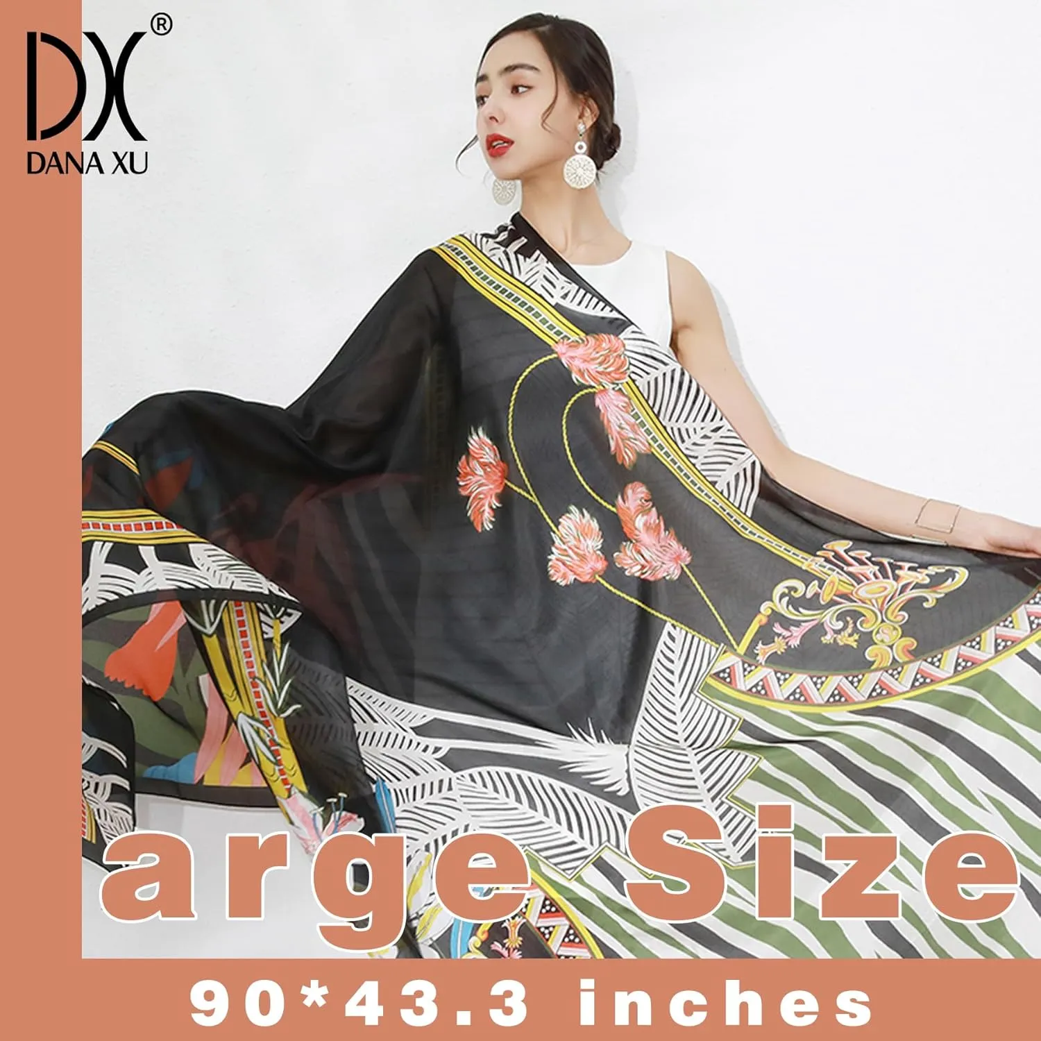 DANA XU Women's 100% Mulberry Satin Silk Pashmina Shawl Wraps Extra Large Floral Scarf for Evening Dresses, Soft Oversized