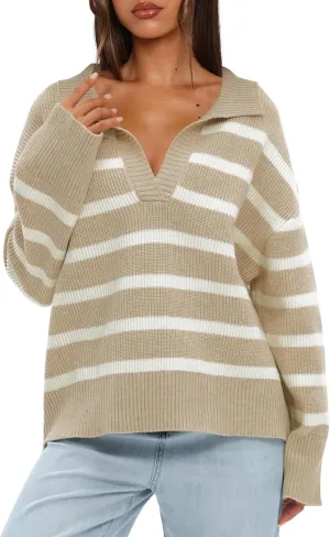 Darong Womens Oversized Striped Pullover Sweaters Polo V Neck Knitted Pullover Tops Fall Fashion Clothes
