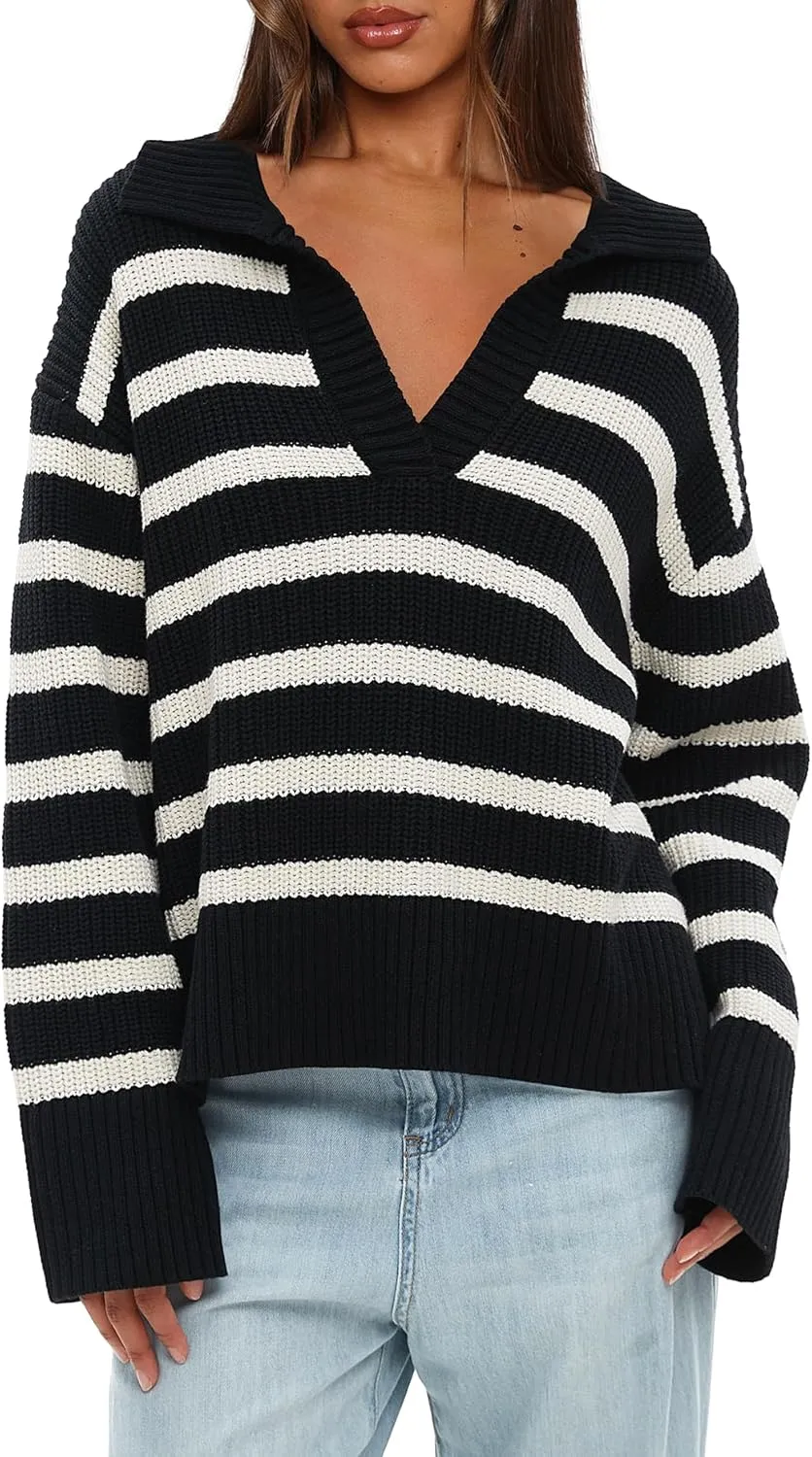 Darong Womens Oversized Striped Pullover Sweaters Polo V Neck Knitted Pullover Tops Fall Fashion Clothes