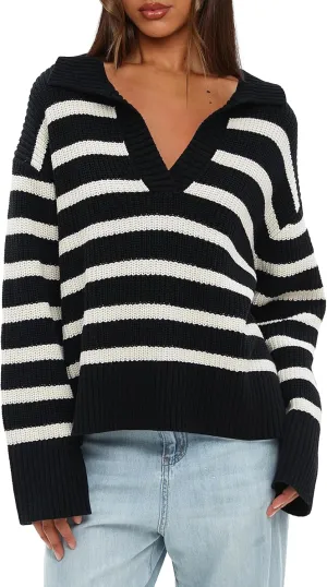 Darong Womens Oversized Striped Pullover Sweaters Polo V Neck Knitted Pullover Tops Fall Fashion Clothes