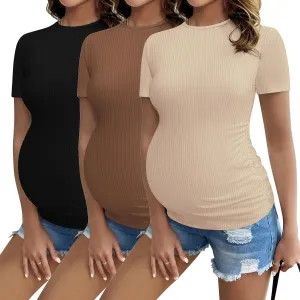 Ekouaer Womens Maternity Shirts 3 Packs Short Sleeve Ribbed Pregnancy Tops Side Ruched Crew Neck Tunic Mama Clothes