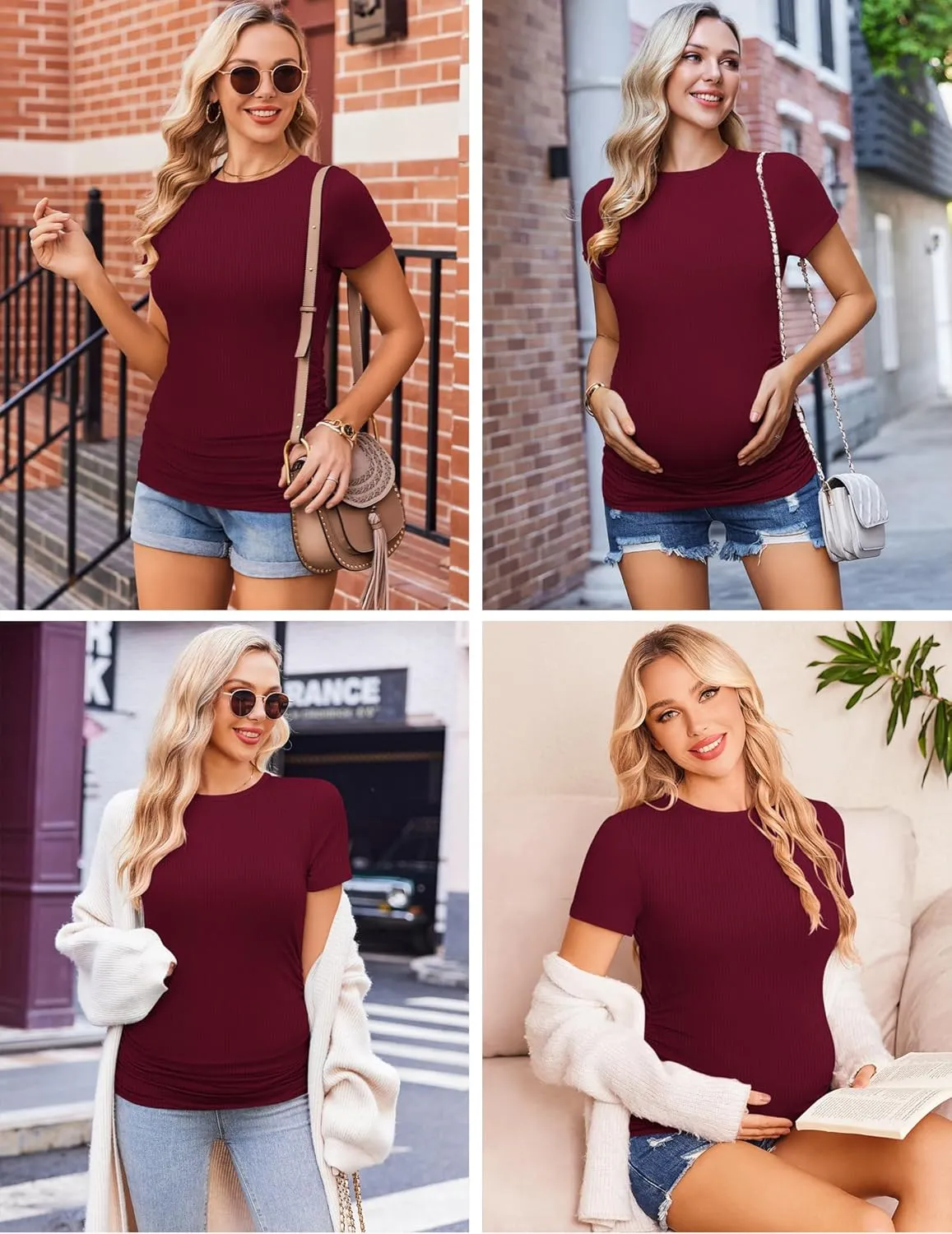 Ekouaer Womens Maternity Shirts 3 Packs Short Sleeve Ribbed Pregnancy Tops Side Ruched Crew Neck Tunic Mama Clothes