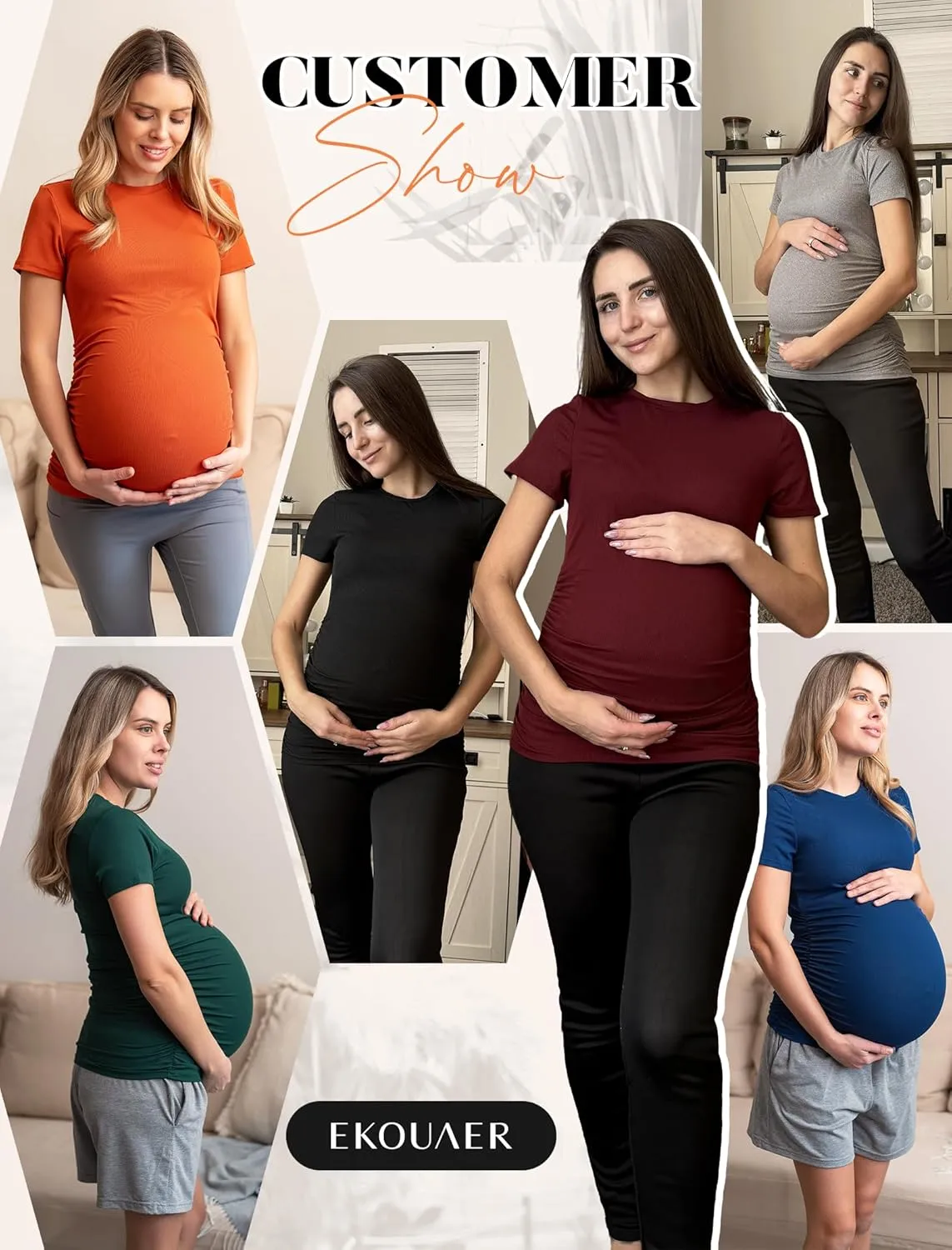 Ekouaer Womens Maternity Shirts 3 Packs Short Sleeve Ribbed Pregnancy Tops Side Ruched Crew Neck Tunic Mama Clothes