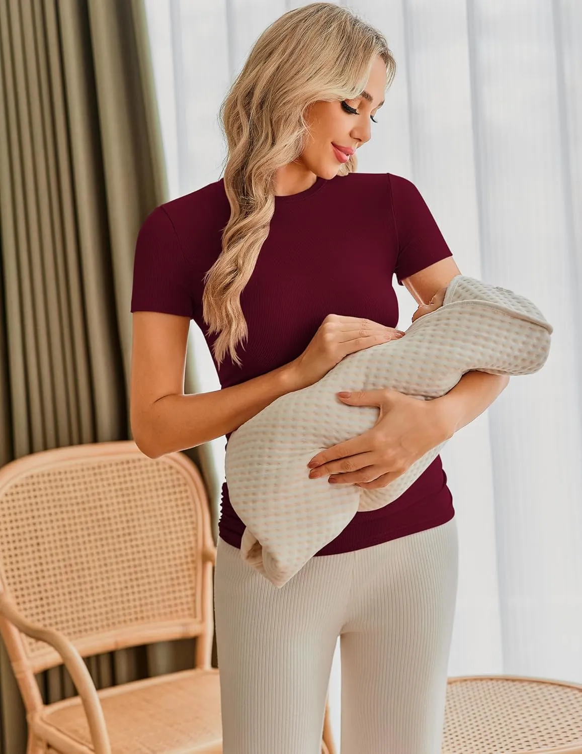Ekouaer Womens Maternity Shirts 3 Packs Short Sleeve Ribbed Pregnancy Tops Side Ruched Crew Neck Tunic Mama Clothes
