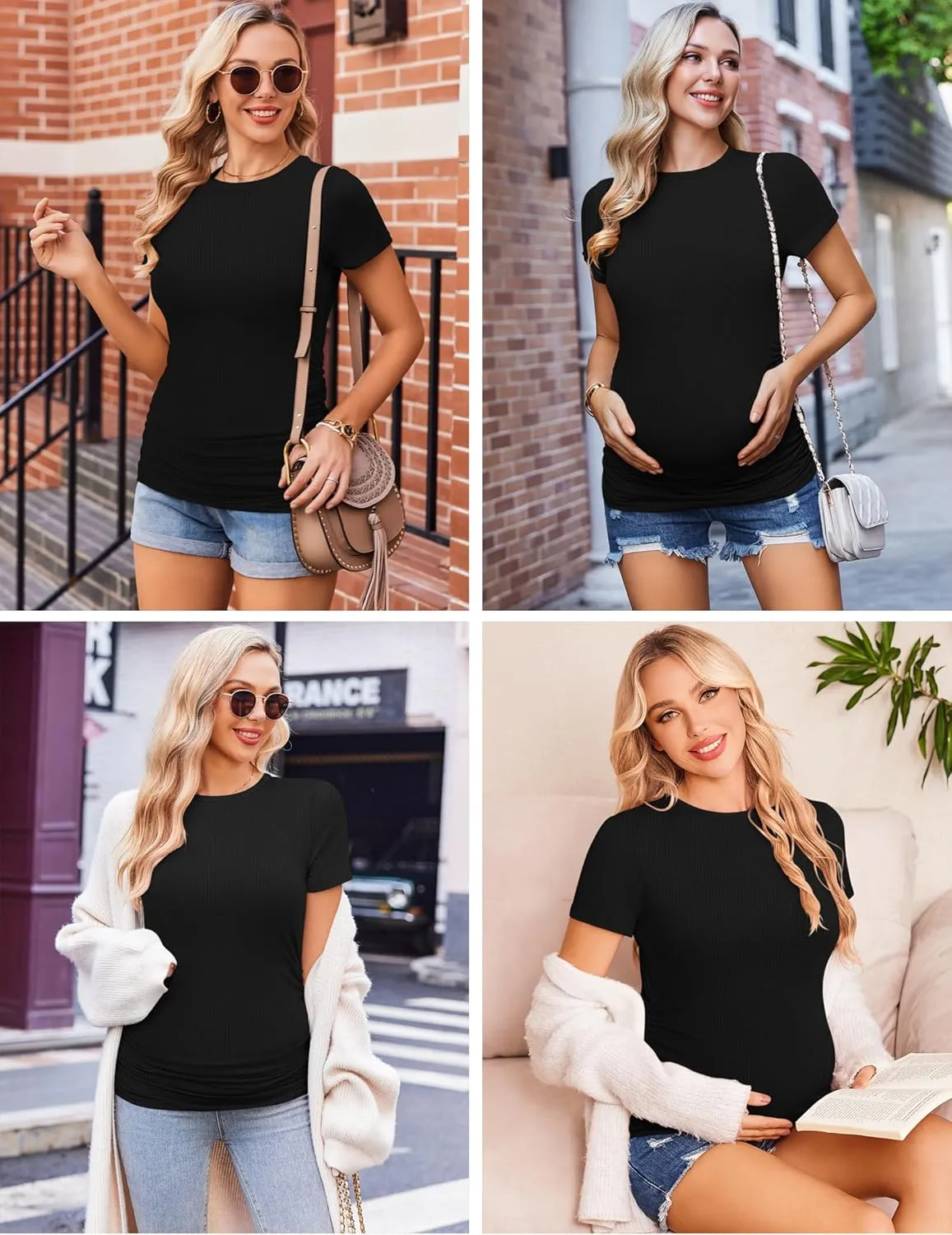 Ekouaer Womens Maternity Shirts 3 Packs Short Sleeve Ribbed Pregnancy Tops Side Ruched Crew Neck Tunic Mama Clothes