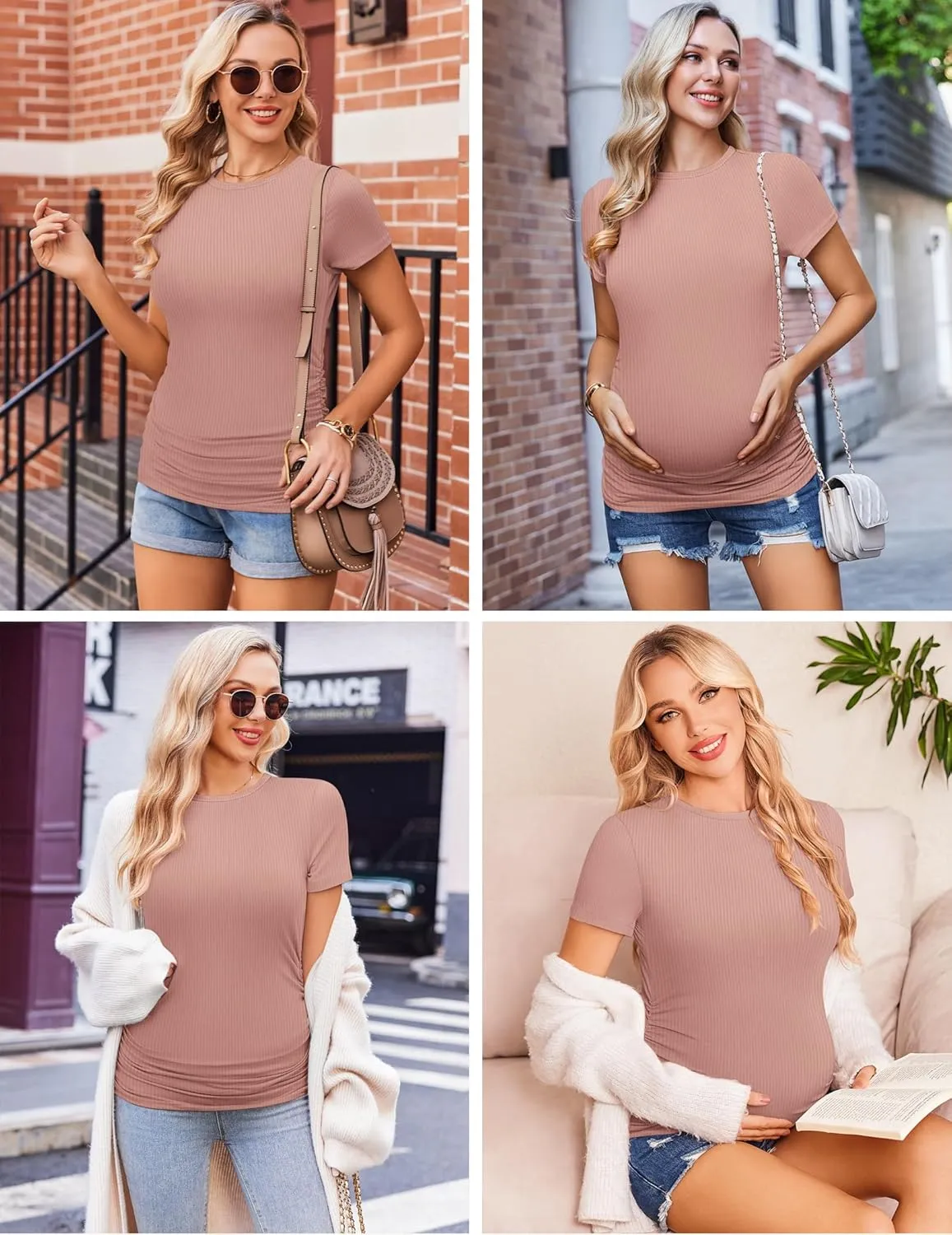 Ekouaer Womens Maternity Shirts 3 Packs Short Sleeve Ribbed Pregnancy Tops Side Ruched Crew Neck Tunic Mama Clothes