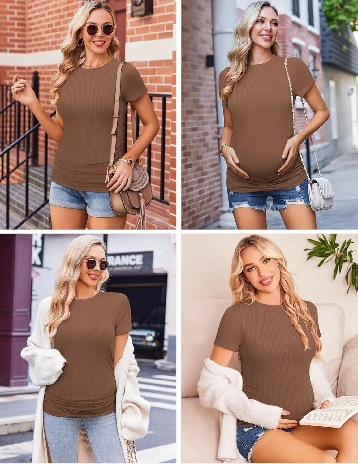 Ekouaer Womens Maternity Shirts 3 Packs Short Sleeve Ribbed Pregnancy Tops Side Ruched Crew Neck Tunic Mama Clothes