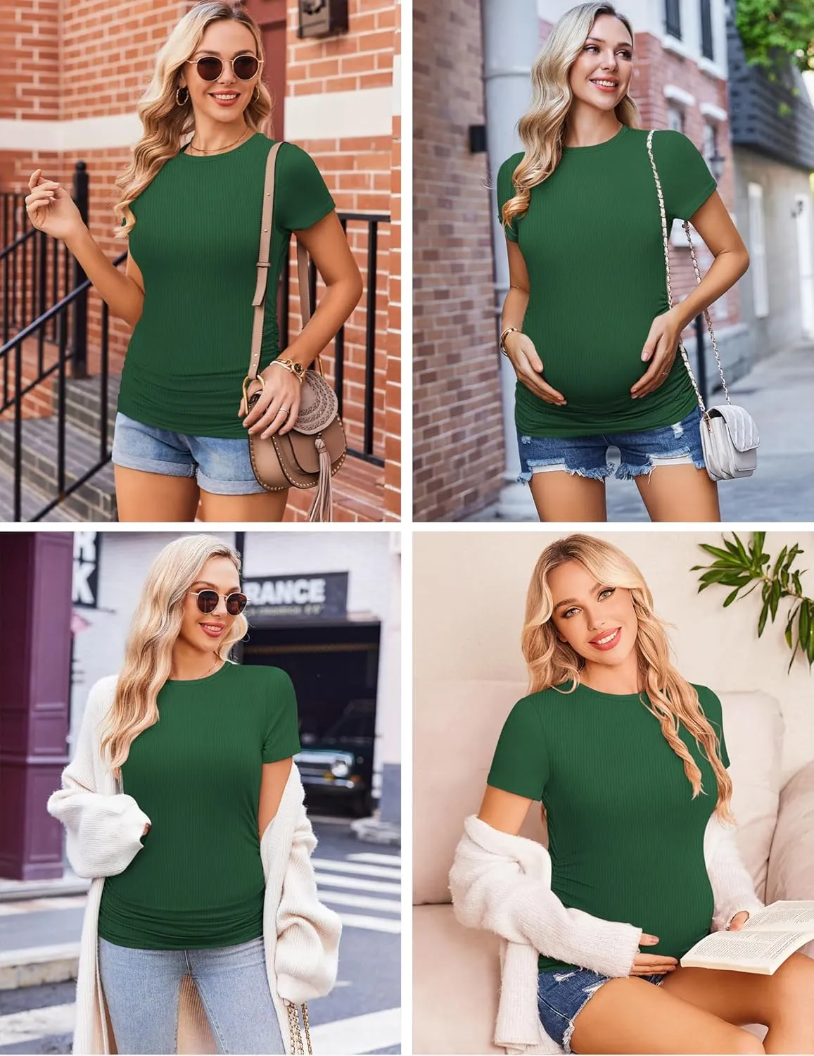 Ekouaer Womens Maternity Shirts 3 Packs Short Sleeve Ribbed Pregnancy Tops Side Ruched Crew Neck Tunic Mama Clothes