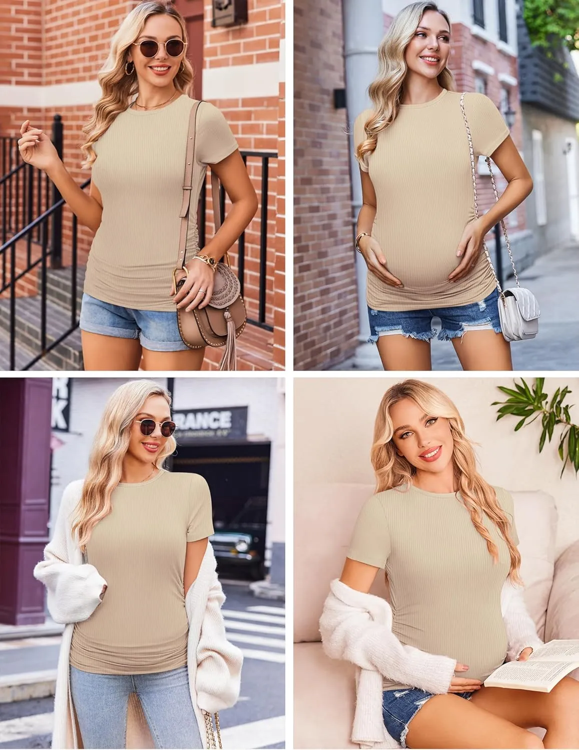 Ekouaer Womens Maternity Shirts 3 Packs Short Sleeve Ribbed Pregnancy Tops Side Ruched Crew Neck Tunic Mama Clothes