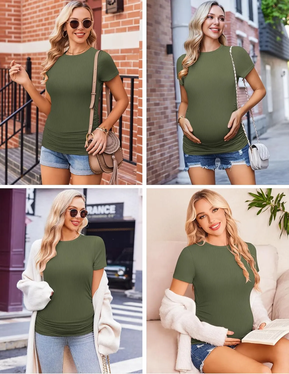 Ekouaer Womens Maternity Shirts 3 Packs Short Sleeve Ribbed Pregnancy Tops Side Ruched Crew Neck Tunic Mama Clothes