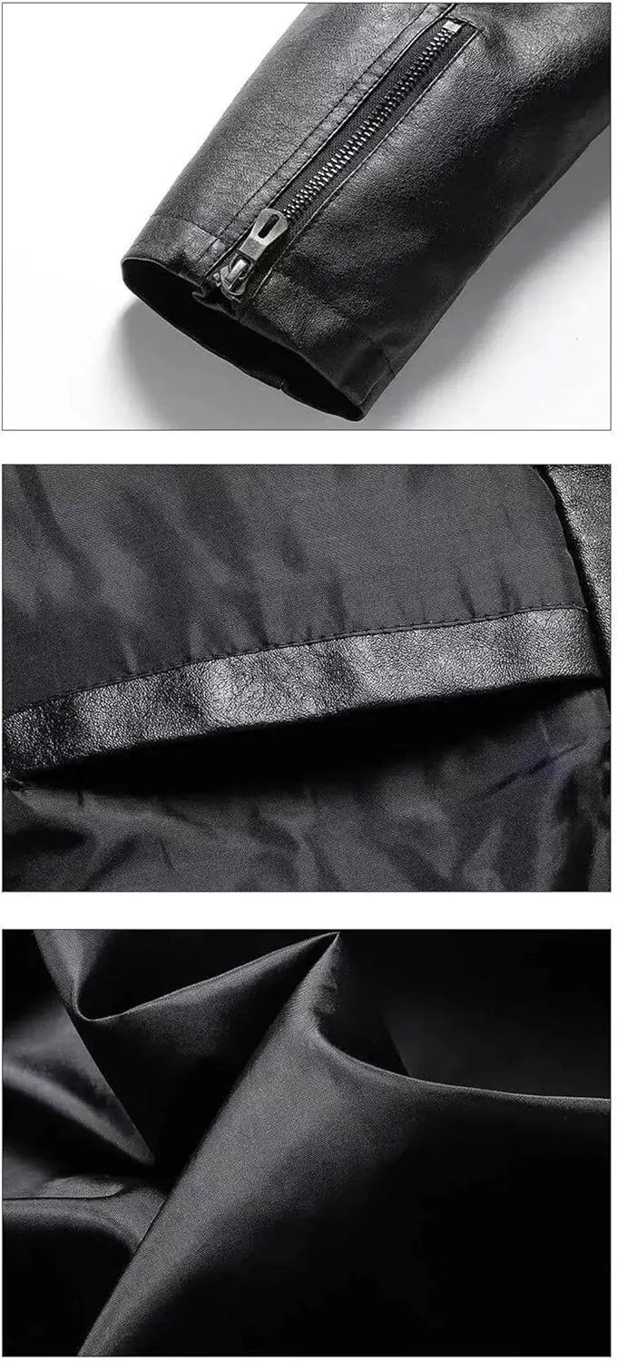 ERFMFKL Men Lapel Solid Slim Fit Pu Leather Coats Zipper Motorcycle Biker Jacket With Pockets