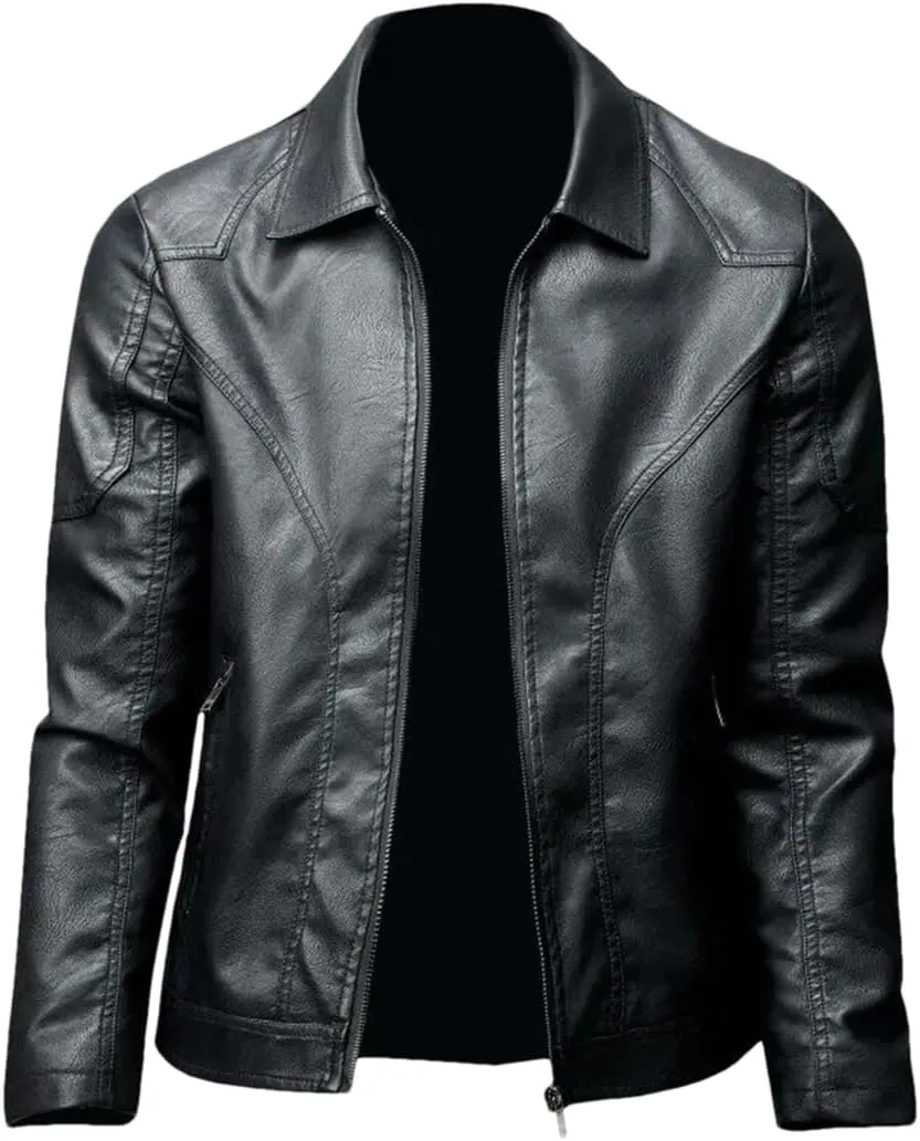 ERFMFKL Men Lapel Solid Slim Fit Pu Leather Coats Zipper Motorcycle Biker Jacket With Pockets