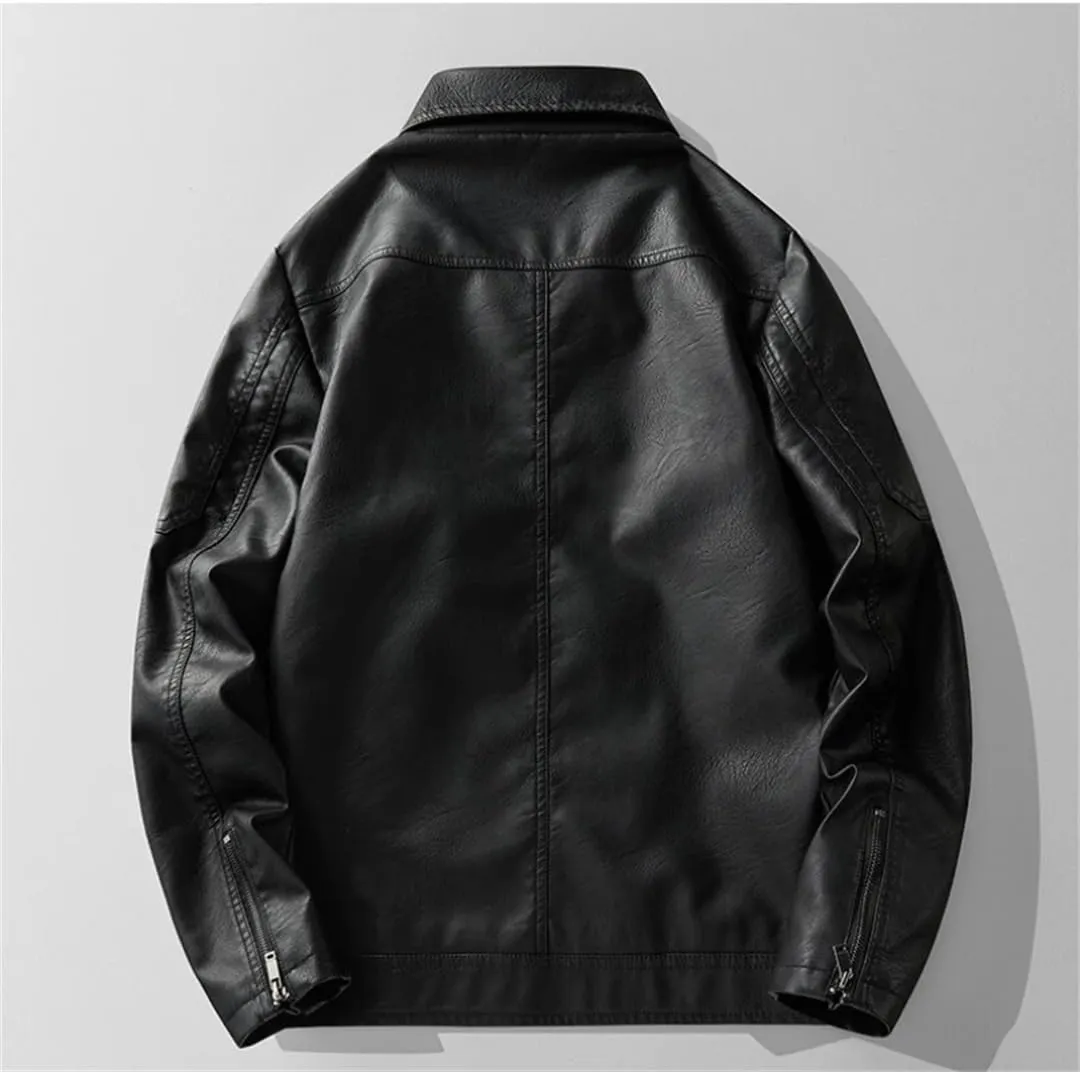ERFMFKL Men Lapel Solid Slim Fit Pu Leather Coats Zipper Motorcycle Biker Jacket With Pockets