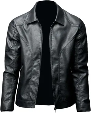 ERFMFKL Men Lapel Solid Slim Fit Pu Leather Coats Zipper Motorcycle Biker Jacket With Pockets