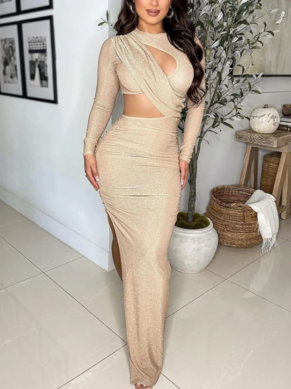 Famnbro Women's Sparkly Cut Out Dresses Wrap Ruched Bodycon High Split Cocktail Party Maxi Dress