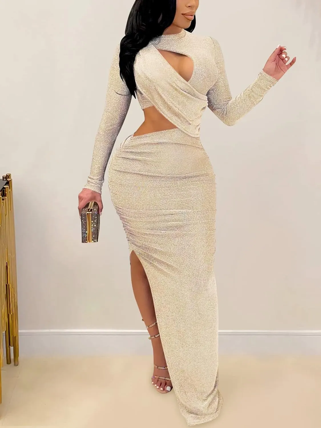 Famnbro Women's Sparkly Cut Out Dresses Wrap Ruched Bodycon High Split Cocktail Party Maxi Dress