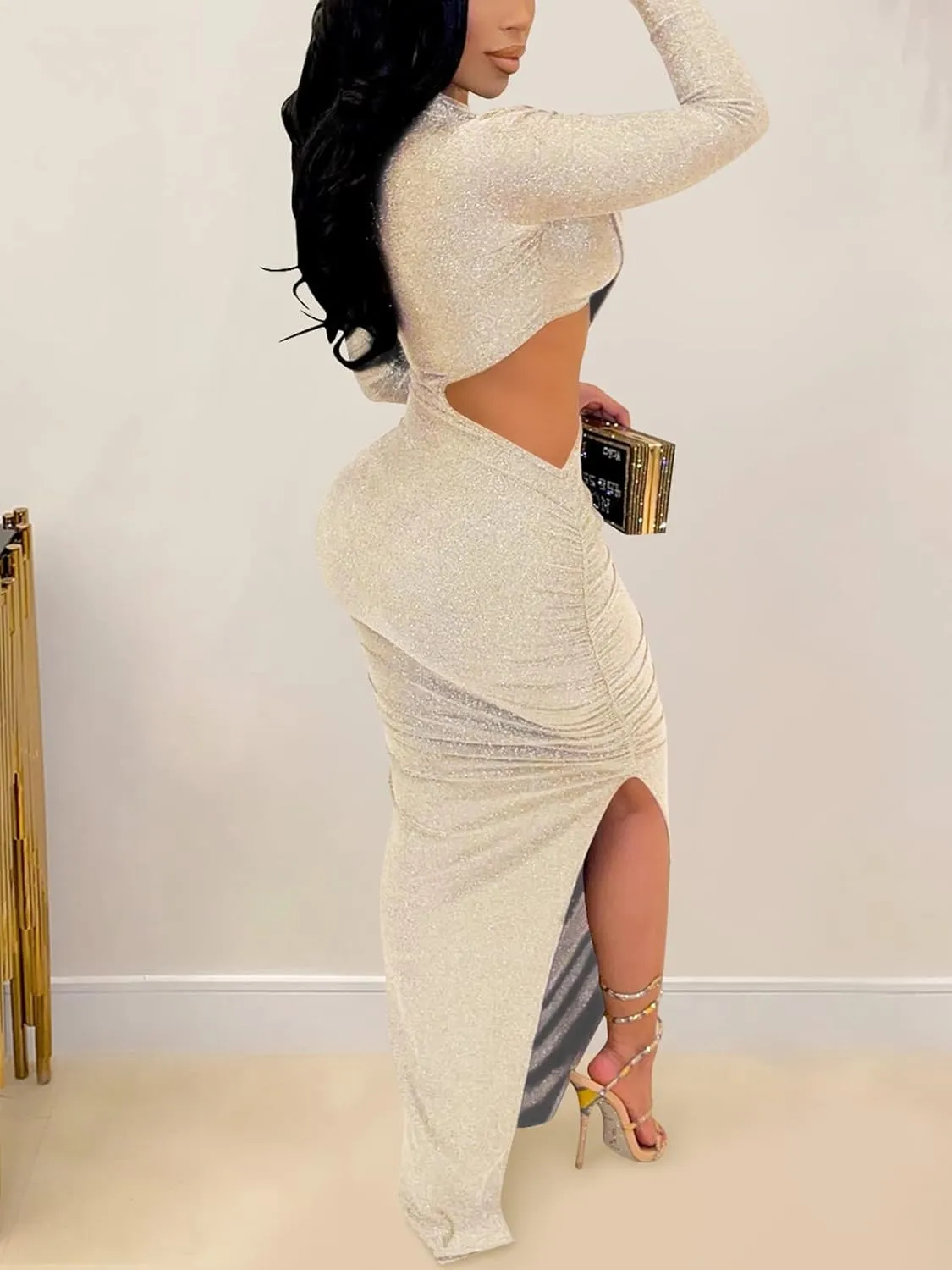 Famnbro Women's Sparkly Cut Out Dresses Wrap Ruched Bodycon High Split Cocktail Party Maxi Dress