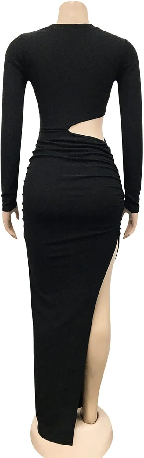 Famnbro Women's Sparkly Cut Out Dresses Wrap Ruched Bodycon High Split Cocktail Party Maxi Dress
