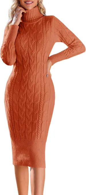 Fangetey Womens Long Sleeve Turtleneck Sweater Dresses Knitted Bodycon Midi Sheath Jumper Dresses
