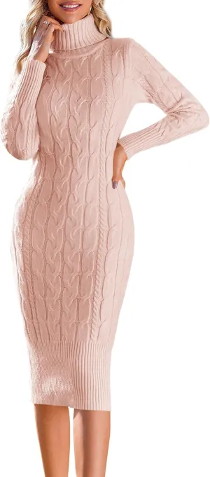 Fangetey Womens Long Sleeve Turtleneck Sweater Dresses Knitted Bodycon Midi Sheath Jumper Dresses