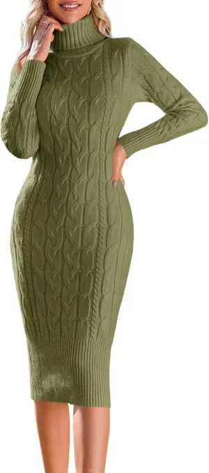 Fangetey Womens Long Sleeve Turtleneck Sweater Dresses Knitted Bodycon Midi Sheath Jumper Dresses
