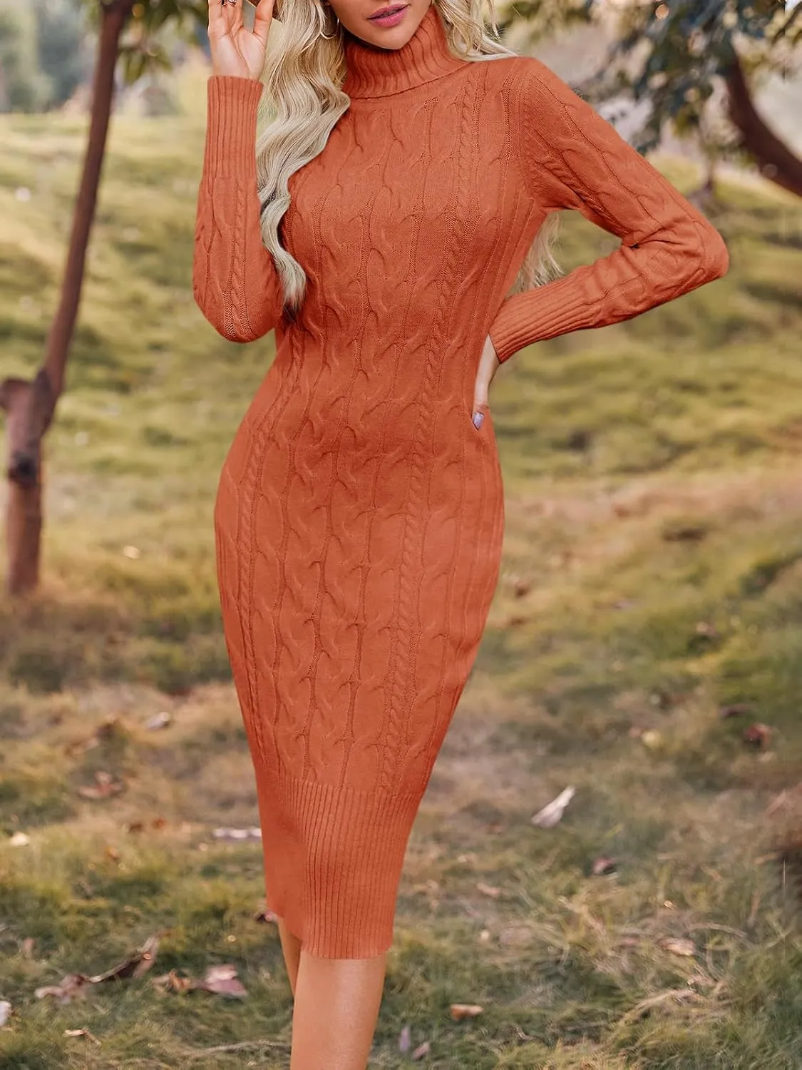 Fangetey Womens Long Sleeve Turtleneck Sweater Dresses Knitted Bodycon Midi Sheath Jumper Dresses