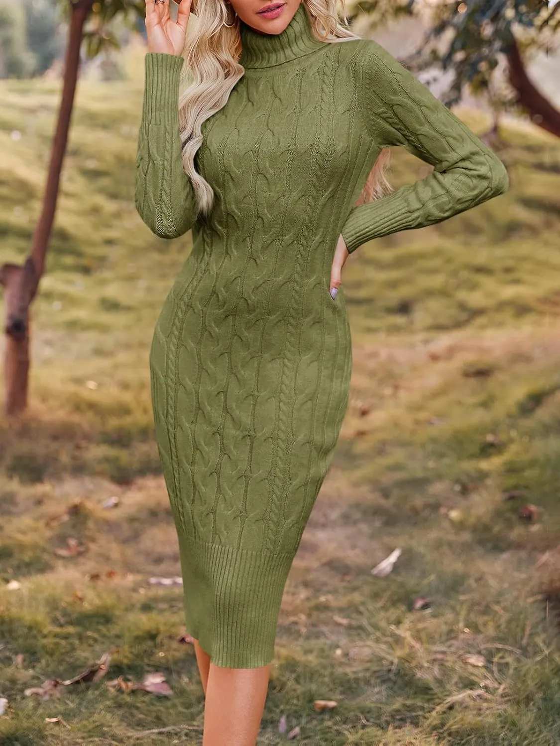 Fangetey Womens Long Sleeve Turtleneck Sweater Dresses Knitted Bodycon Midi Sheath Jumper Dresses