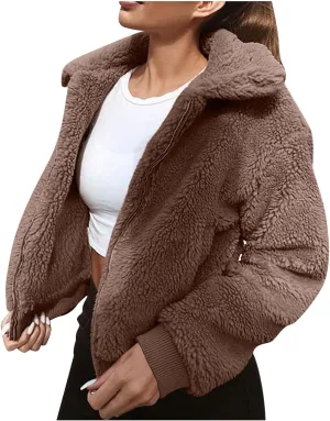Fuzzy Fleece Crop Jacket For Women Casual Winter Warm Fluffy Teddy Coat Faux Fur Shearling Outwear Fashion 2024