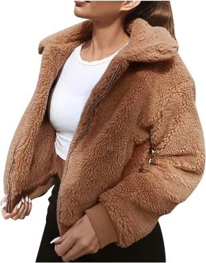 Fuzzy Fleece Crop Jacket For Women Casual Winter Warm Fluffy Teddy Coat Faux Fur Shearling Outwear Fashion 2024