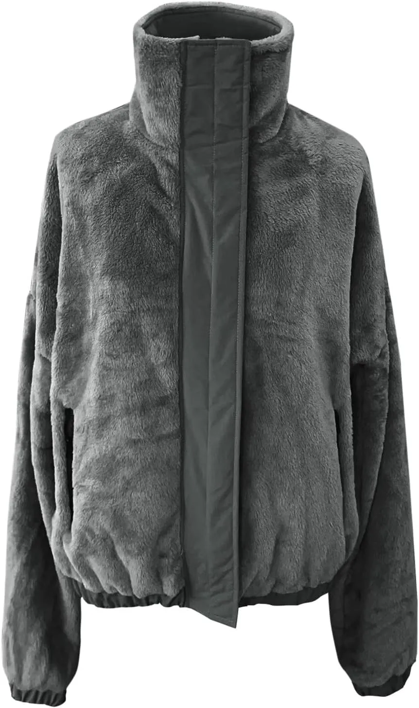Fuzzy Fleece Jacket For Women Fashion Full Zip Up Sherpa Cardigan Coat Warm Winter Cropped Jackets Outwear