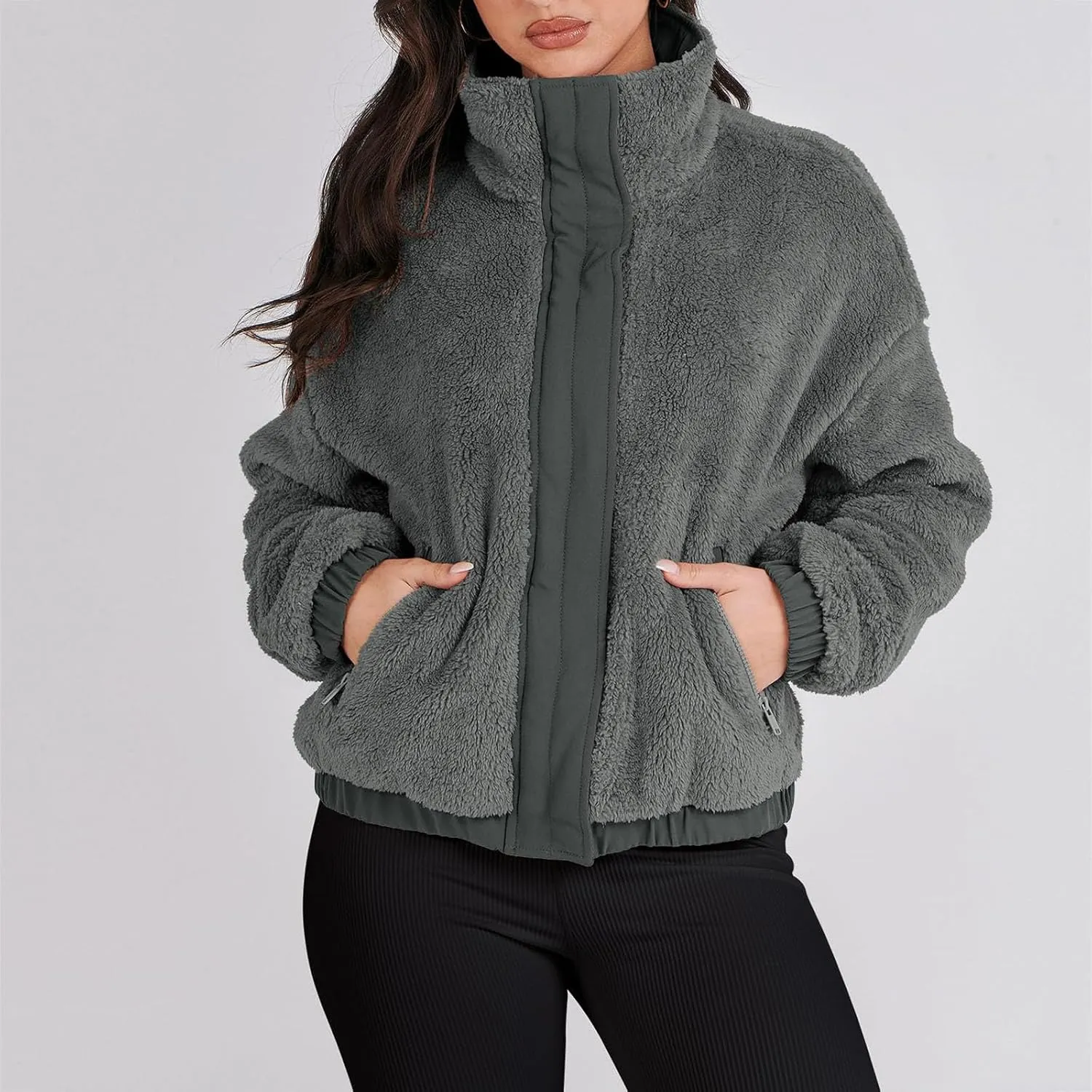 Fuzzy Fleece Jacket For Women Fashion Full Zip Up Sherpa Cardigan Coat Warm Winter Cropped Jackets Outwear