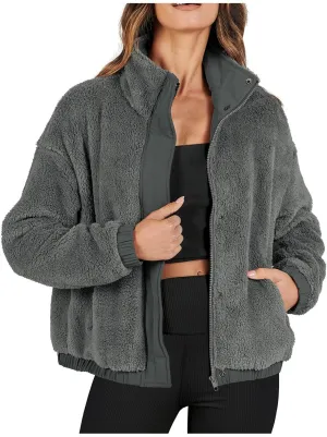 Fuzzy Fleece Jacket For Women Fashion Full Zip Up Sherpa Cardigan Coat Warm Winter Cropped Jackets Outwear