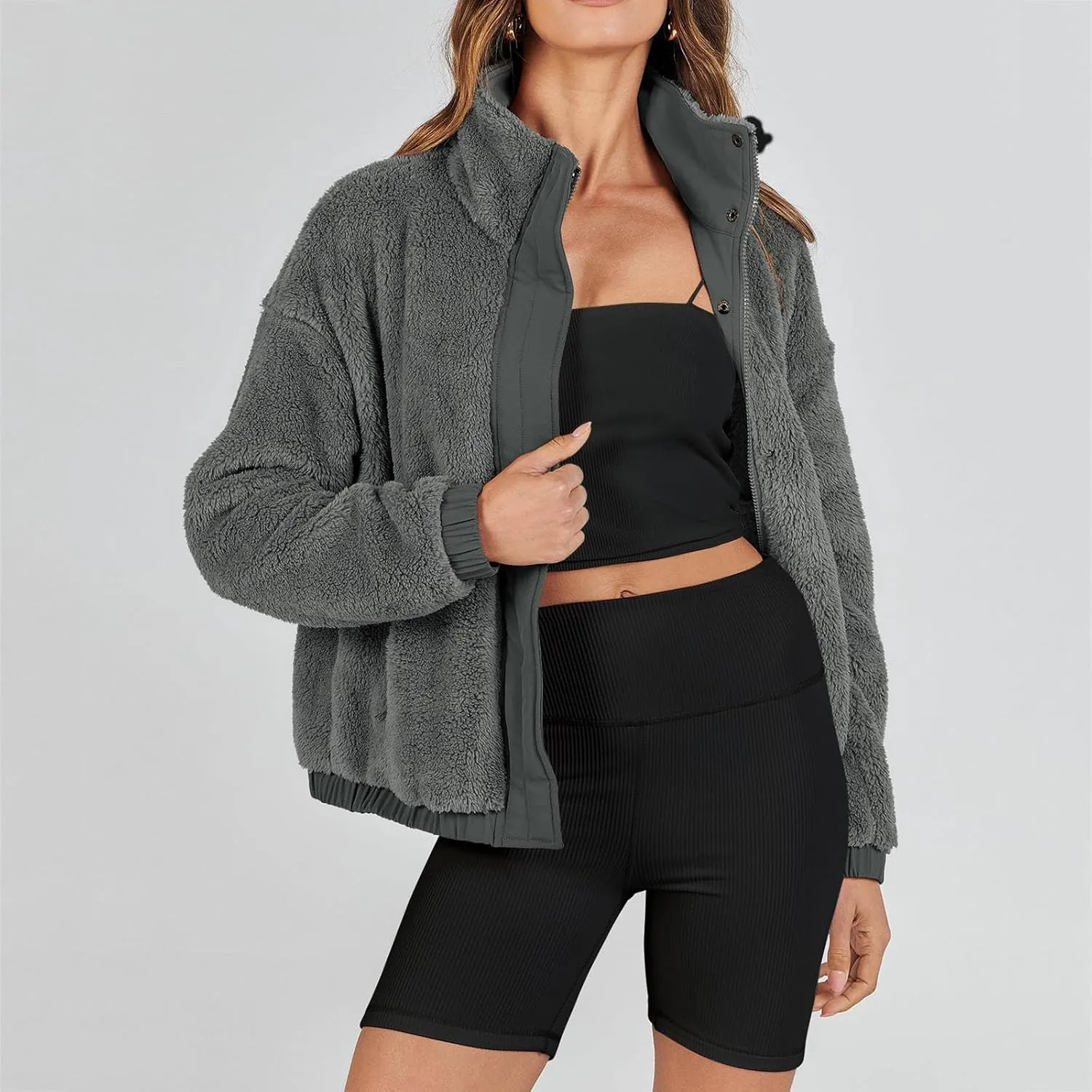 Fuzzy Fleece Jacket For Women Fashion Full Zip Up Sherpa Cardigan Coat Warm Winter Cropped Jackets Outwear