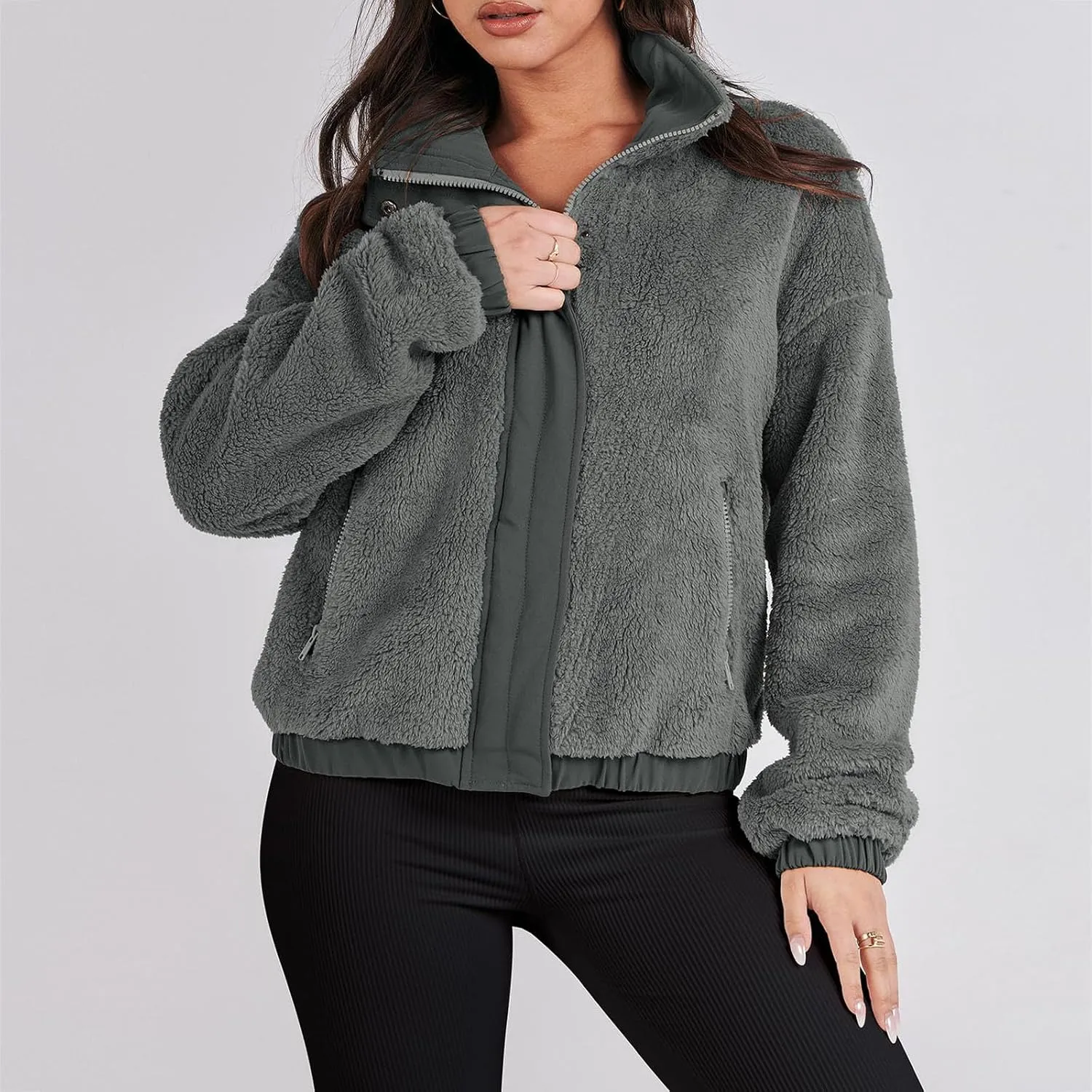Fuzzy Fleece Jacket For Women Fashion Full Zip Up Sherpa Cardigan Coat Warm Winter Cropped Jackets Outwear
