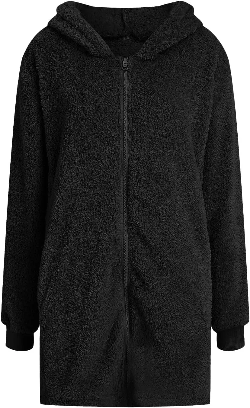 Fuzzy Fleece Jacket For Women Full Zip Long Length Casual Loose Hooded Sherpa Cardigan Coat Warm Outwear With Pockets