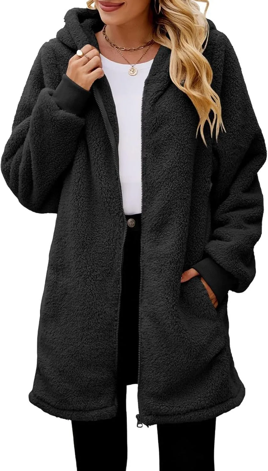 Fuzzy Fleece Jacket For Women Full Zip Long Length Casual Loose Hooded Sherpa Cardigan Coat Warm Outwear With Pockets
