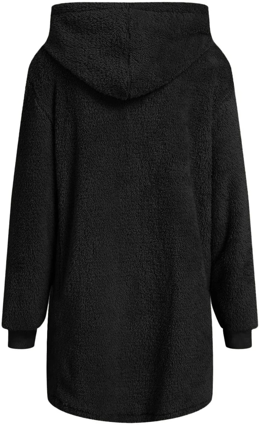 Fuzzy Fleece Jacket For Women Full Zip Long Length Casual Loose Hooded Sherpa Cardigan Coat Warm Outwear With Pockets