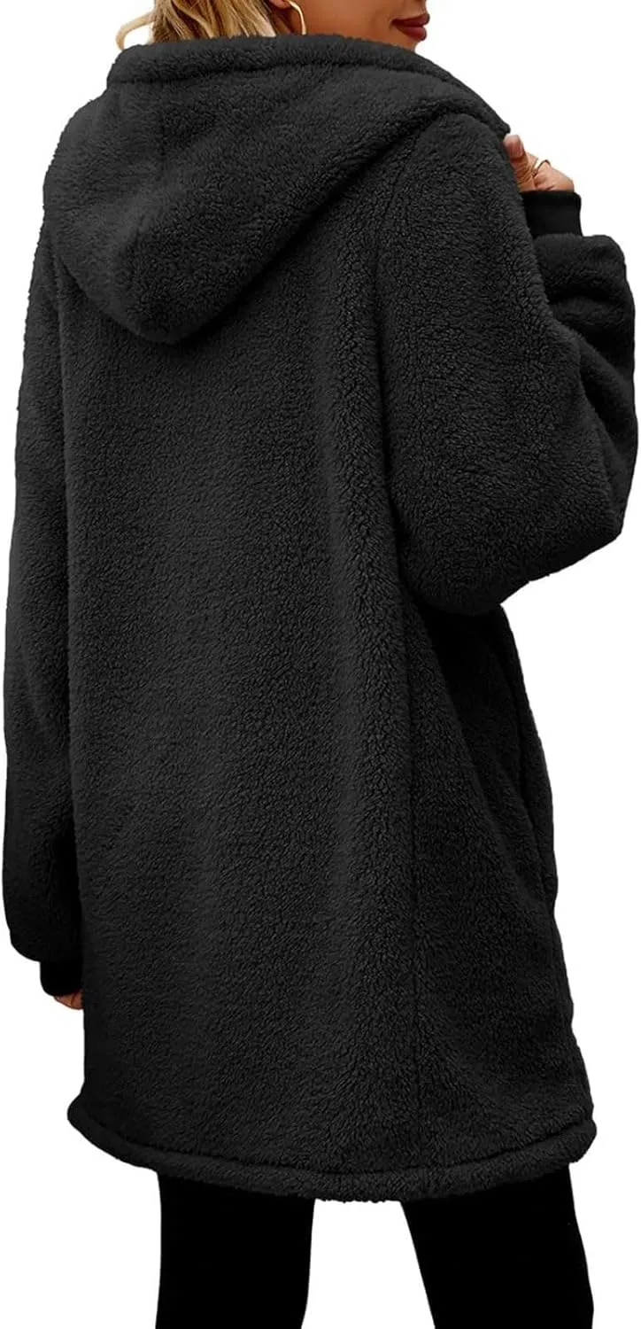 Fuzzy Fleece Jacket For Women Full Zip Long Length Casual Loose Hooded Sherpa Cardigan Coat Warm Outwear With Pockets