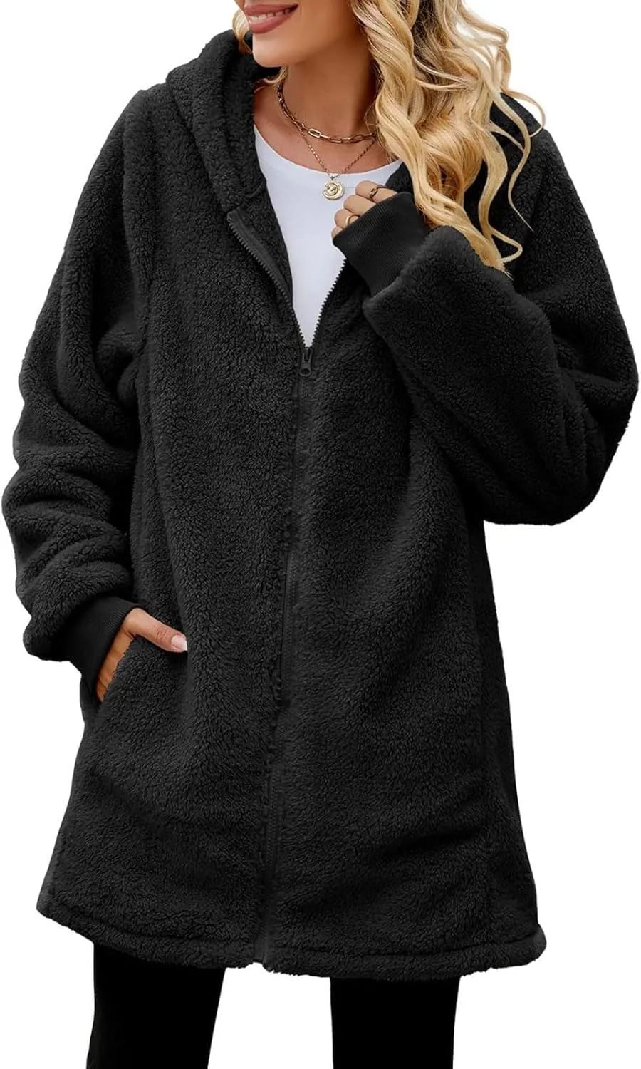 Fuzzy Fleece Jacket For Women Full Zip Long Length Casual Loose Hooded Sherpa Cardigan Coat Warm Outwear With Pockets