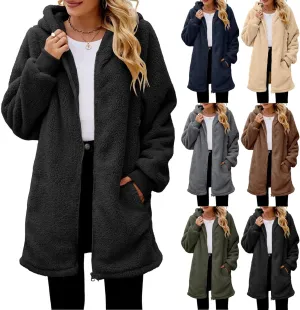 Fuzzy Fleece Jacket For Women Full Zip Long Length Casual Loose Hooded Sherpa Cardigan Coat Warm Outwear With Pockets