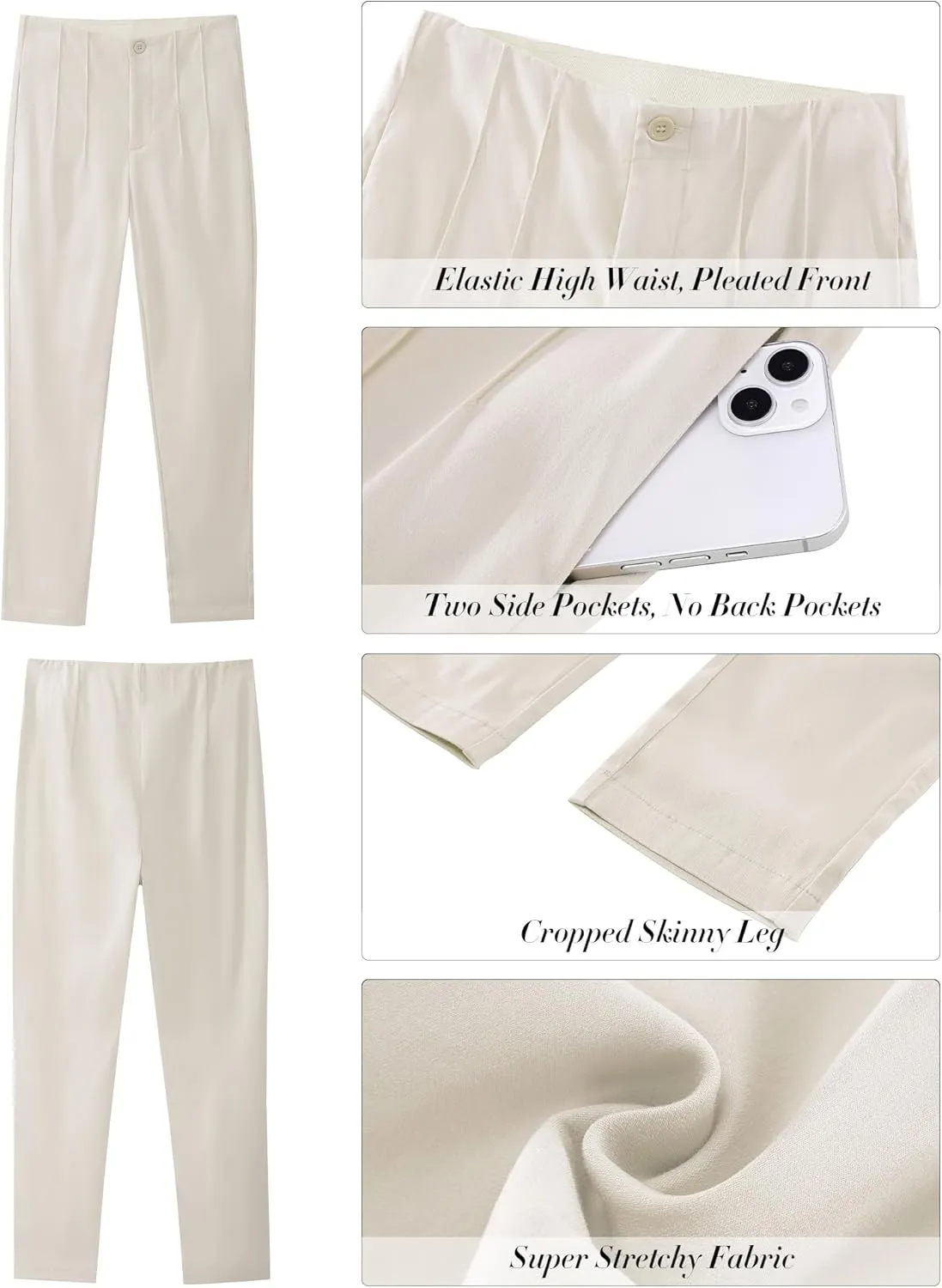 GRAPENT Cropped Pants for Women Dressy Casual High Waisted Pleated Pants Lightweight Stretch Slim Ankle Trousers Pants