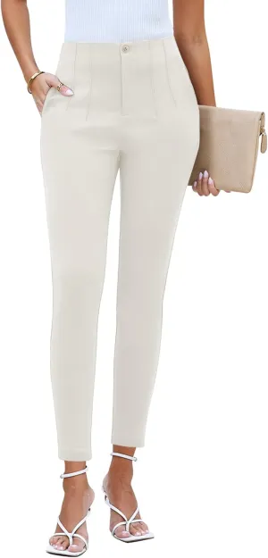 GRAPENT Cropped Pants for Women Dressy Casual High Waisted Pleated Pants Lightweight Stretch Slim Ankle Trousers Pants