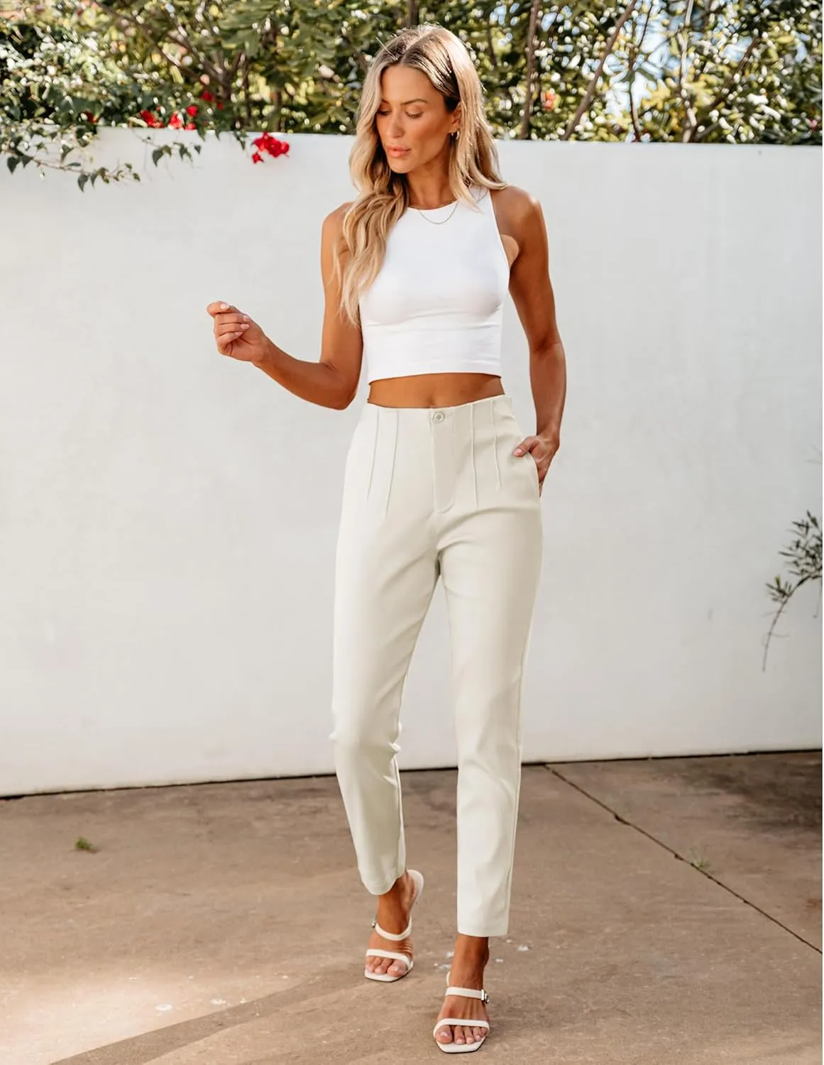 GRAPENT Cropped Pants for Women Dressy Casual High Waisted Pleated Pants Lightweight Stretch Slim Ankle Trousers Pants