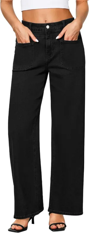 GRAPENT Wide Leg Jeans for Women Trendy High Waisted Loose Straight Leg Stretchy Retro Denim Pants with Pouch Pockets