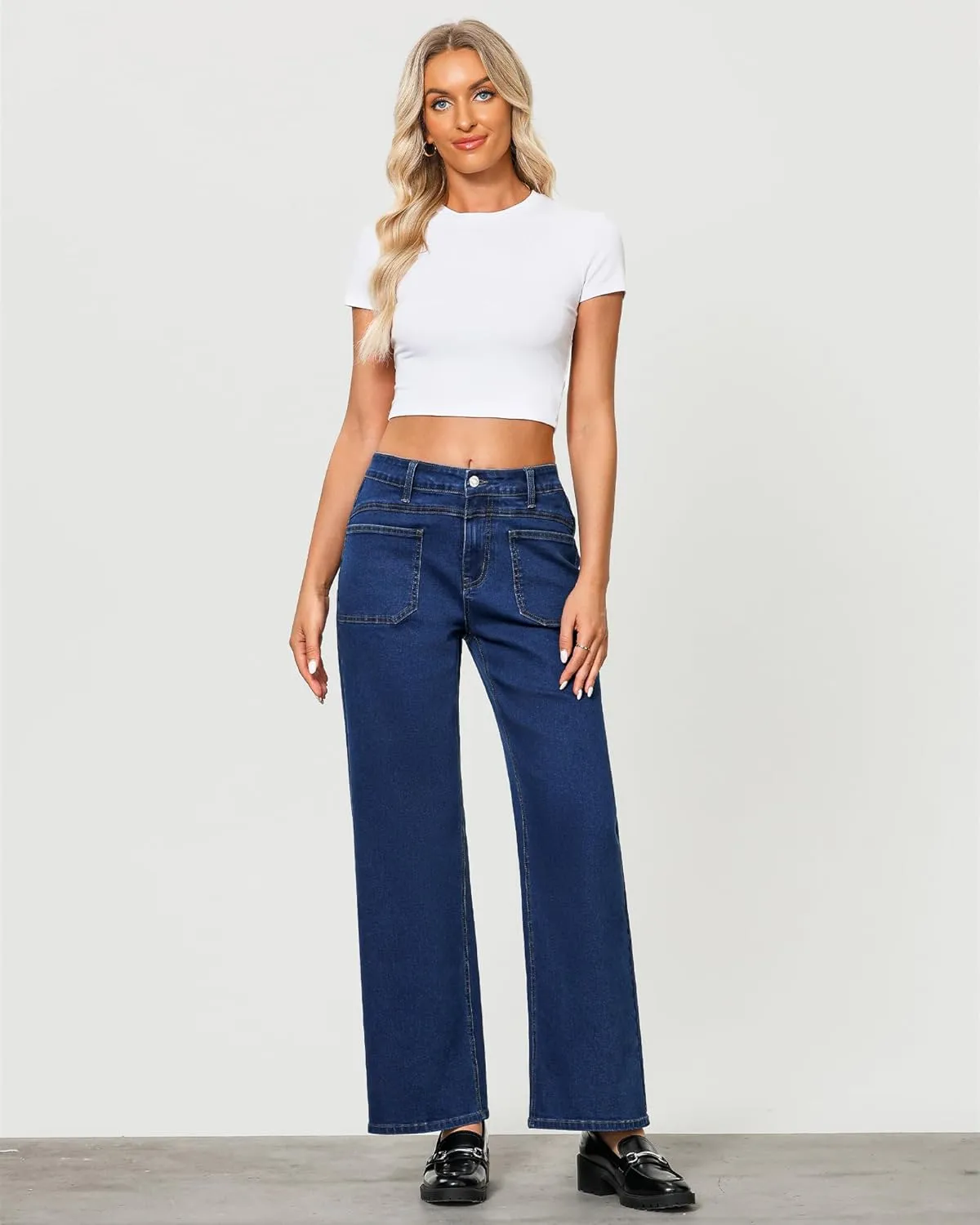 GRAPENT Wide Leg Jeans for Women Trendy High Waisted Loose Straight Leg Stretchy Retro Denim Pants with Pouch Pockets